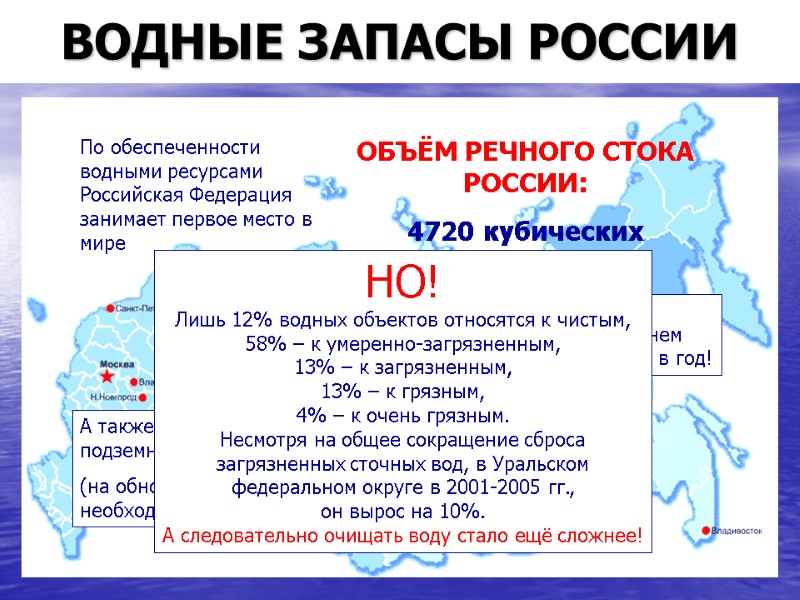 ВОДНЫЕ ЗАПАСЫ РОССИИ По обеспеченности водными ресурсами Российская Федерация занимает первое место в мире